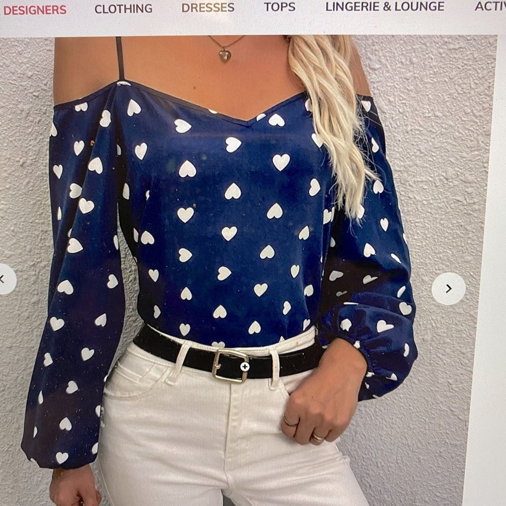 SHEIN Heart print cold shoulder blouse, long sleeve, elastic at wrist. M